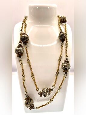 Vintage 1960s-70s Etruscan Revival Rustic Filigree Statement Necklace 38”